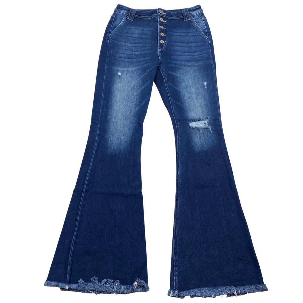 Kancan Flare Jeans Womens 9/28 (29x33.5) Blue Distressed Button Fly Raw Hem Boho